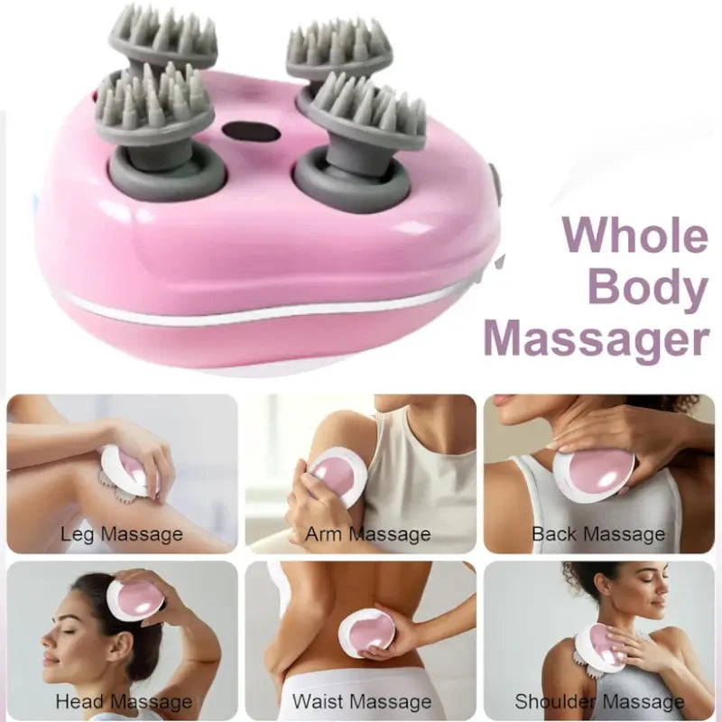 Smart Electric Scalp Massager with 4 Silicone Heads – Rechargeable Handheld Head & Body Massage Device