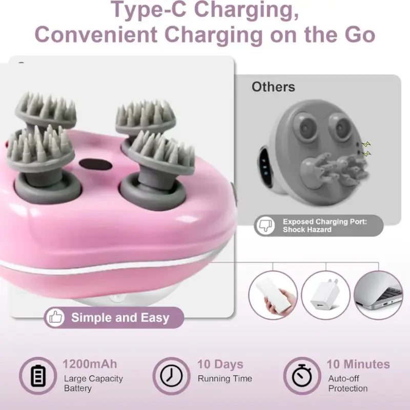 Smart Electric Scalp Massager with 4 Silicone Heads – Rechargeable Handheld Head & Body Massage Device
