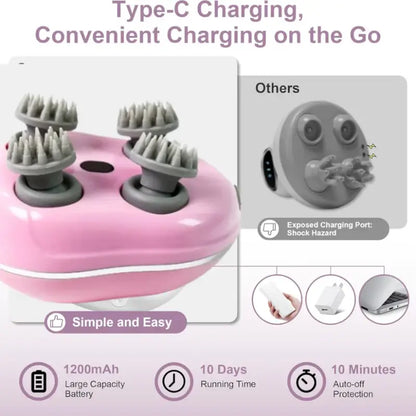 Smart Electric Scalp Massager with 4 Silicone Heads – Rechargeable Handheld Head & Body Massage Device