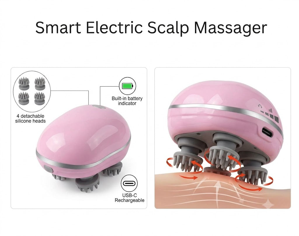 Smart Electric Scalp Massager with 4 Silicone Heads – Rechargeable Handheld Head & Body Massage Device