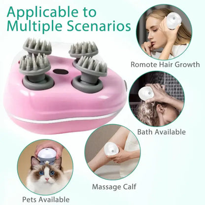 Smart Electric Scalp Massager with 4 Silicone Heads – Rechargeable Handheld Head & Body Massage Device