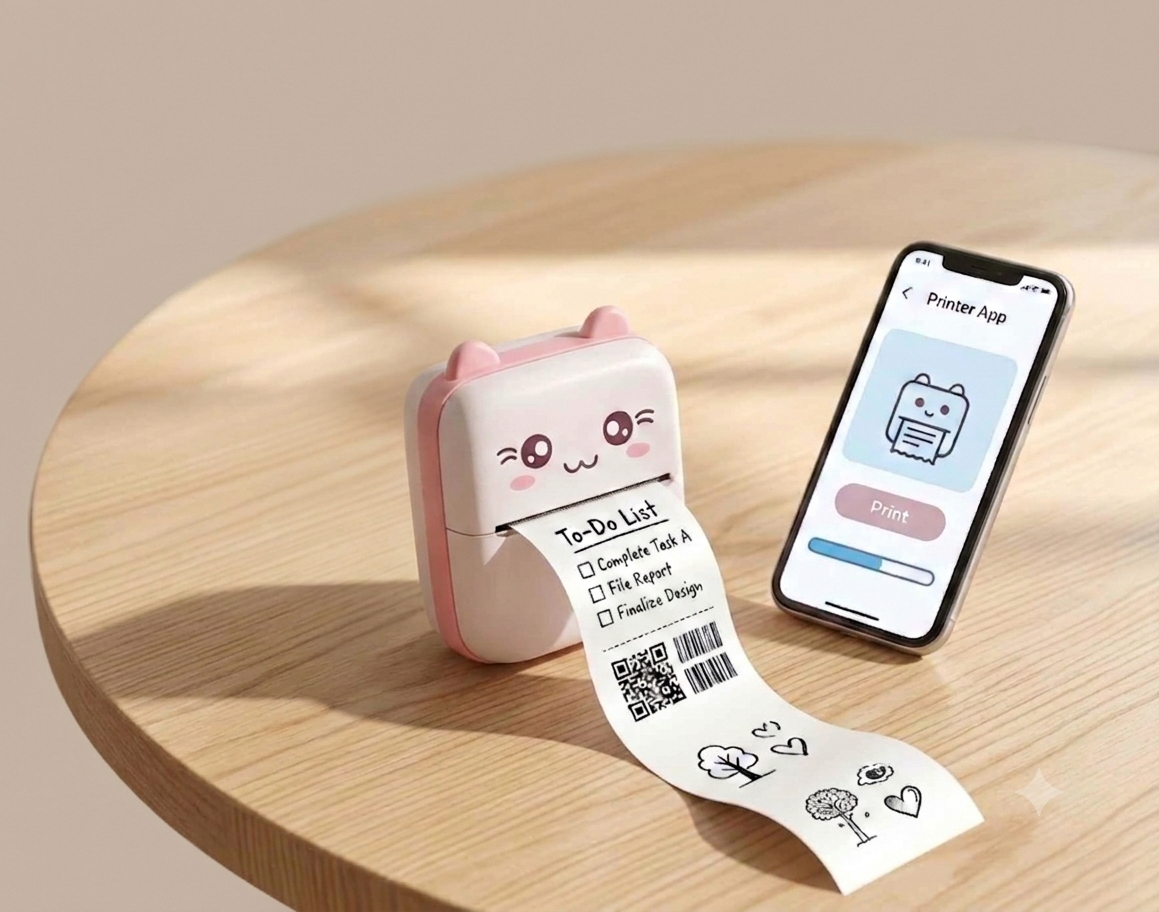 Pocket Mini Printer, Mobile Phone Bluetooth Connection Wireless Mini Thermal Printer with Android or iOS APP for Pictures, Portable Smart Printer,Contains 1 Rolls Thermal Paper